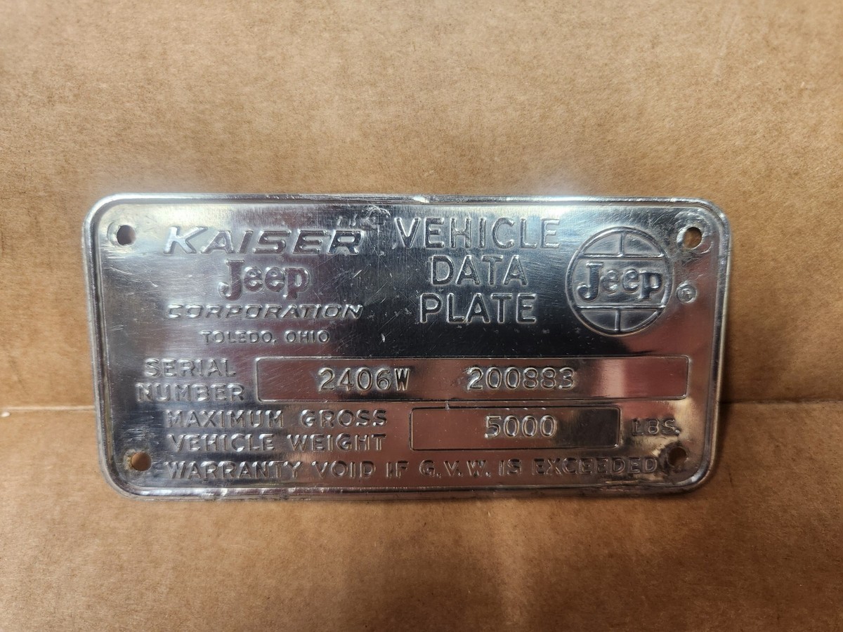 1966 Original Kaiser Jeep Gladiator VIN Vehicle Data Plate Used