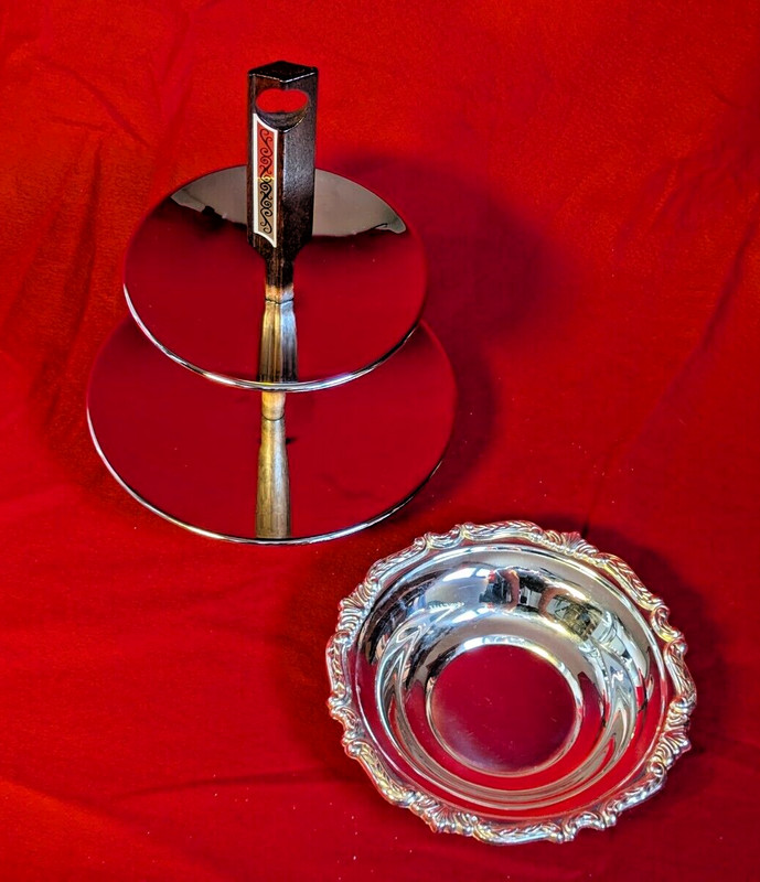 Vintage Sheridan 8" Silverplate Bowl w Scroll Edge & Sears 2 Tier Chrome Tidbit