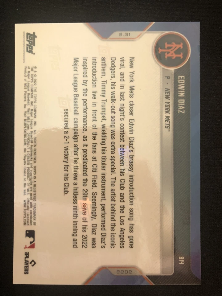 2022 TOPPS NOW® # 814 EDWIN DIAZ Locks Down 29th Save New York Mets NM PR=984 - Image 2 of 2