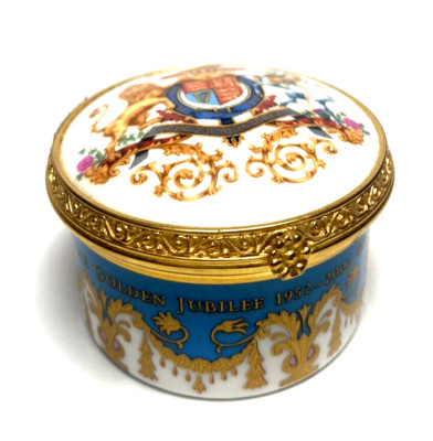 ROYAL COLLECTION PORCELAIN HINGED ROUND TRINKET BOX-GOLDEN JUBILEE 2002-USED-UK