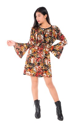 Womans Casual Bohemian Foral Bell Sleeve Tunic Dress 