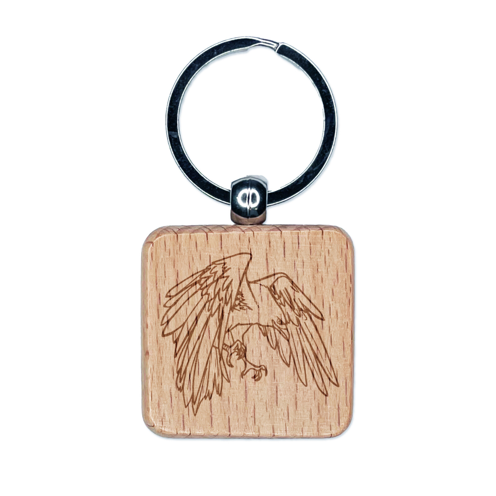 Bird Crow Raven Flying Landing Engraved Wood Square Keychain Tag Charm