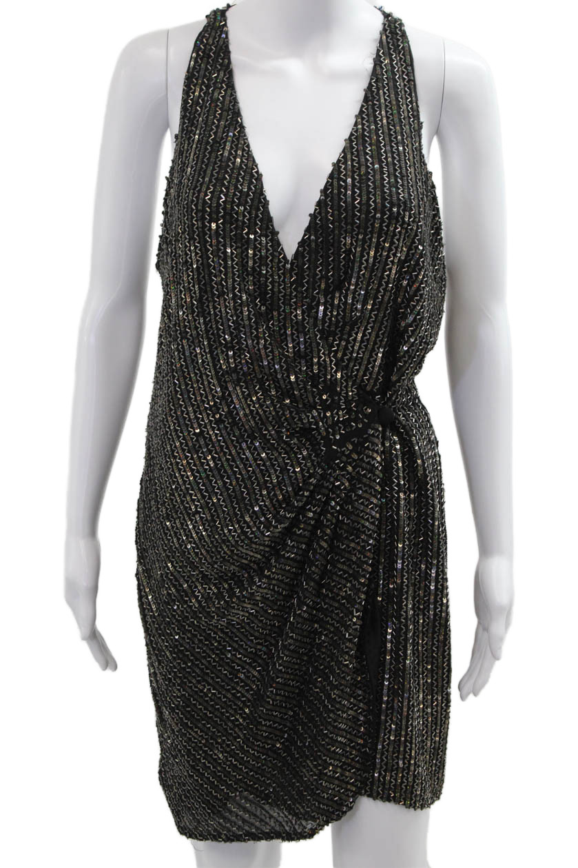 Parker Women Tank Dress Black Striped Silk V-Neck Button Mini Size SFree Shipping in US $100+ Orders | $6.95 Orders Below