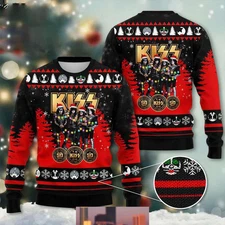 Kiss Band With Golden  And Wearing Santa Hat 2024 Ugly Christmas Sweater BL600