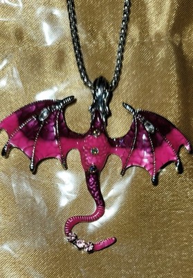 Vintage Oil Drip Flying Dragon Necklace In Purple and Pink w Stones 23. 5'' Chain