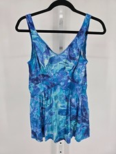 Vtg 1990s Jantzen Womens Sz 16 One Piece Swimsuit Swim Dress Blue Marbled