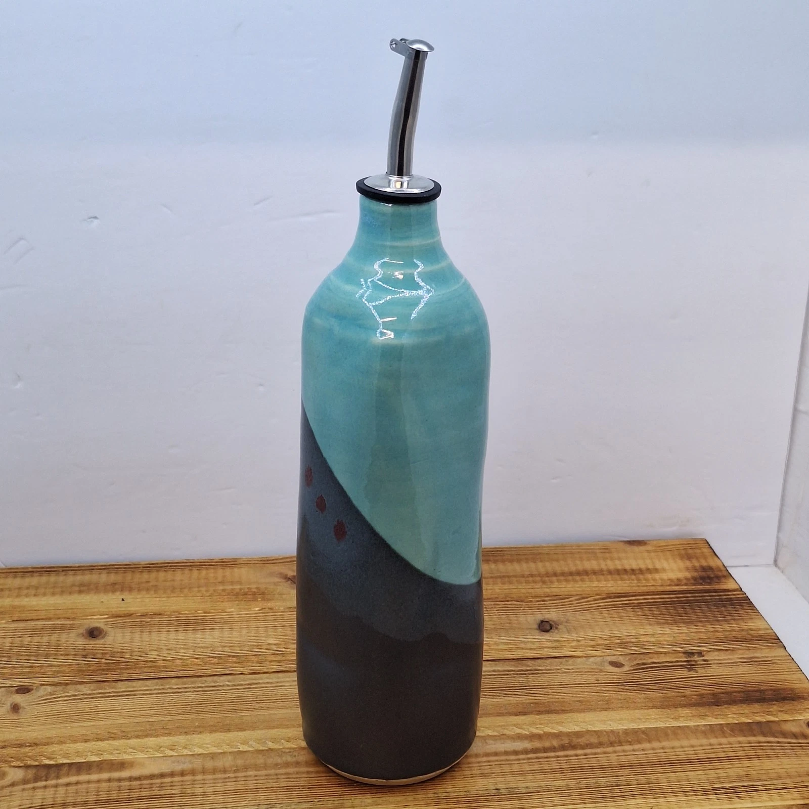 Handmade Ceramic Oil Vinegar Dispenser Bottle Teal Brown Glaze Spout 9"
Opens in a new window or tab