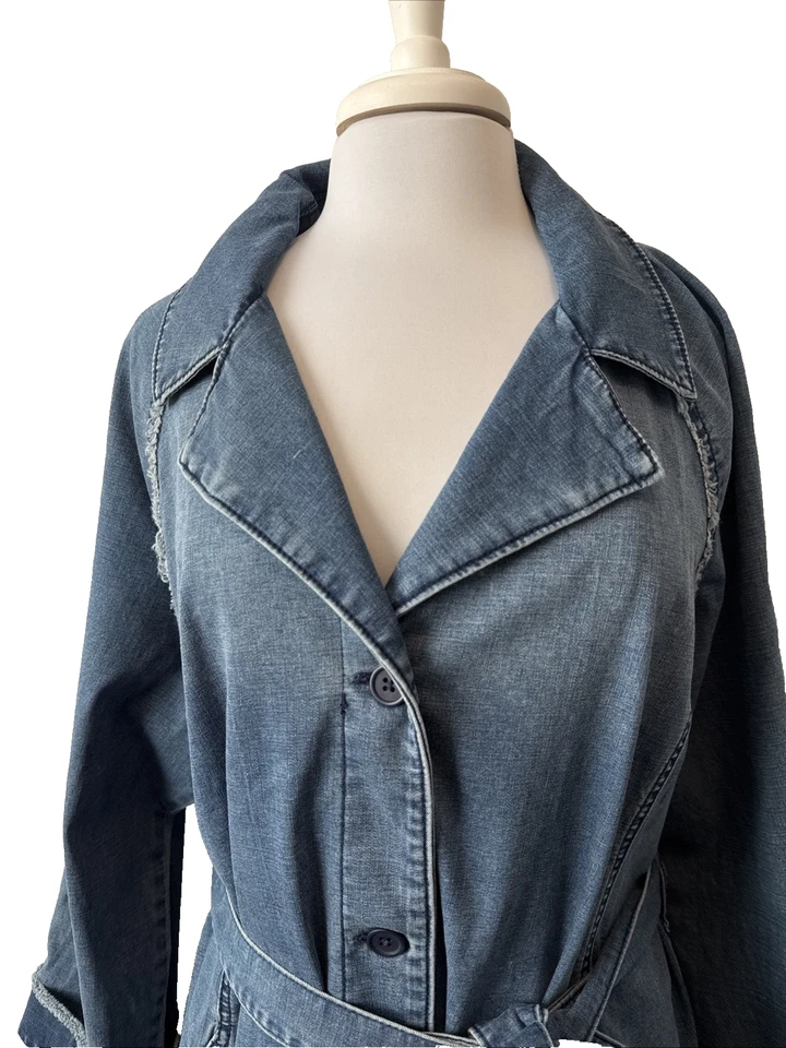 LOGO by Lori Goldstein Women’s XL Distressed Raw Denim Belted Longline Trench - Image 2 of 4