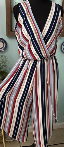 Split Leg Wrap Palazzo Red Navy Tan Medium Striped Wrap Style V Neck Jumpsuit