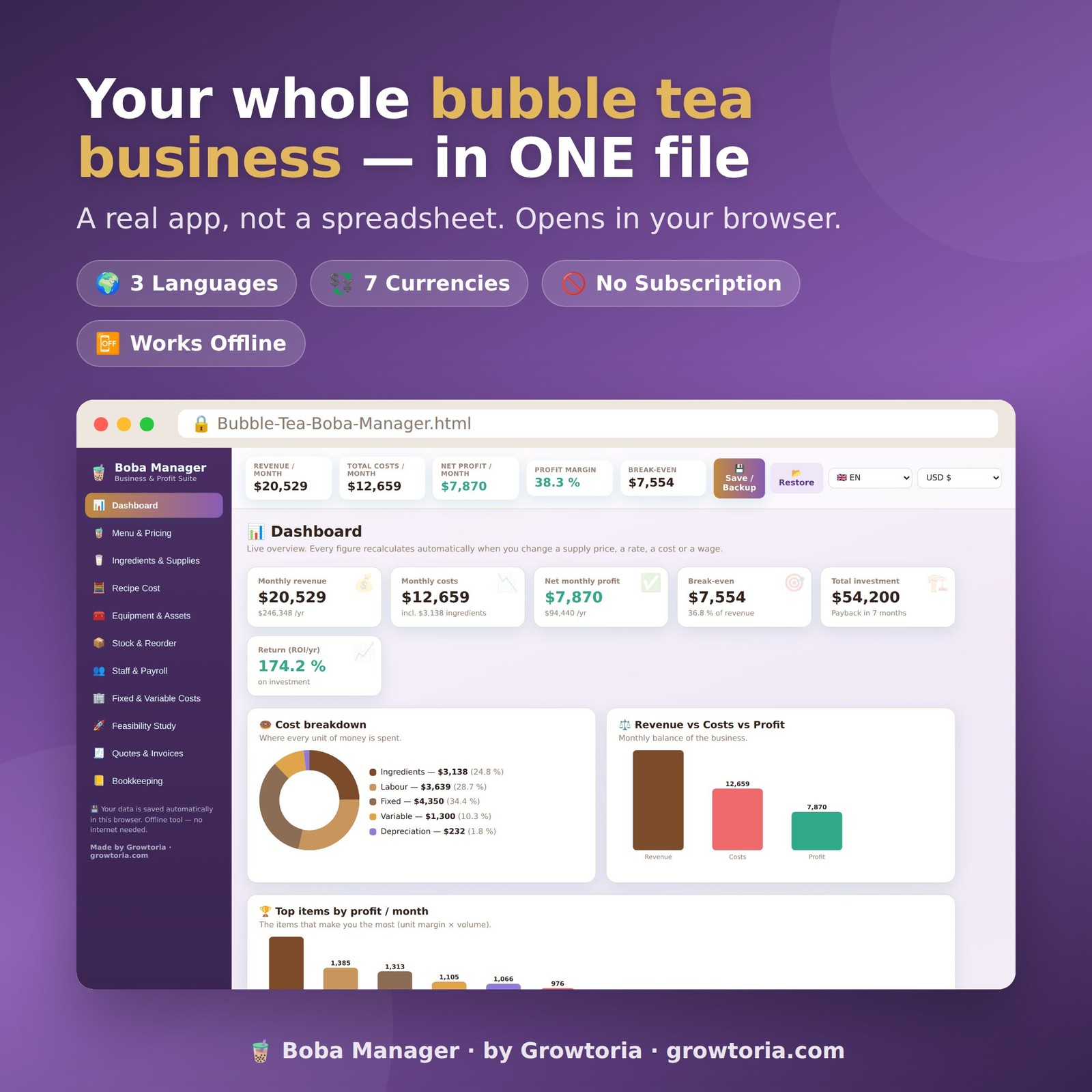 Bubble Tea Boba Shop Software Precios Beneficio Costo Calculadora Menú Bebida App