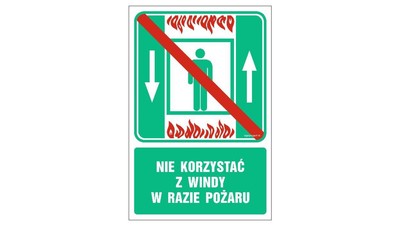 ZNAK - AC028 Nie korzystać z windy w razie pożaru 20 x 30 cm PS - Płyta 1mm foto