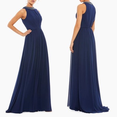 Nwt Mac Duggal Sz 4 Mitternacht Blau Verziert Jewel-Neck Ärmellos A-Linie Kleid