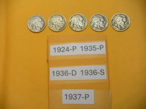 BUFFALO INDIAN HEAD NICKELS FULL DATES    1924-P  1935-P  1936-S  1936-D  1937-P