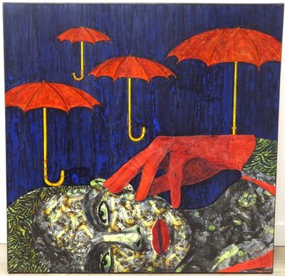 Collage Frau Mit Schirmen 80x80cm sig 2014 Unikat