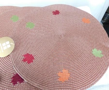Set of 4 Essential Home Round Placemats Taupe w/Multi Color Fall Leaves 14"Round
