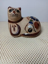 Vintage Mexican Pottery Tonala Cat Figurine Sandstone Stoneware Blue Flower 