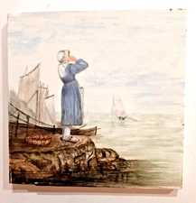 1894 Minton Hollins Hand Painted Tile Woman Looking Out to Sea Signed Puly