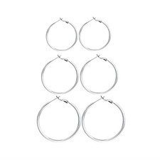 3 Pairs Sterling Silver Hoop Earrings, 14K White Gold F:Silver 30mm 40mm 50mm