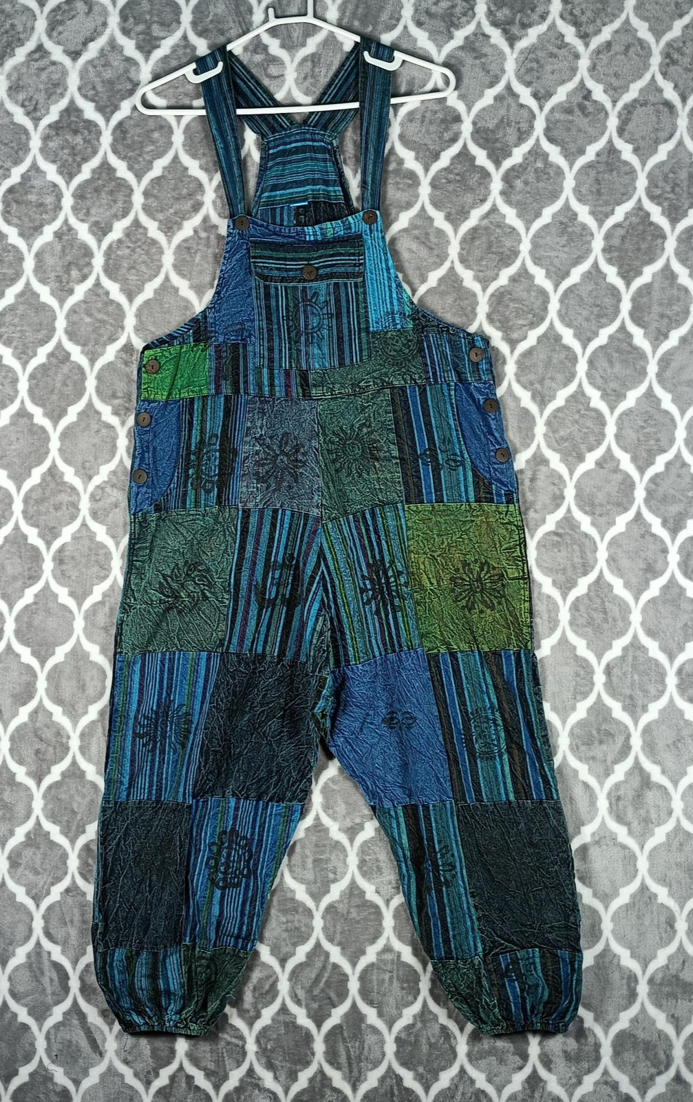 Patchwork Bib Overalls Womens Size Large Blue Gre… - image 2