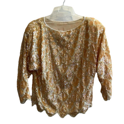 80s 90s Vintage Women s Long Sleeve Top Gold Sequins Scalloped Disco Retro Large