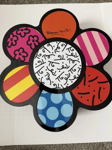 ** Vintage Rare ROMERO BRITTO Signed Flower METAL TIN BOX  ***empty****