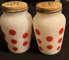Milk Glass Polka Dot Salt & Pepper Shakers Set White Red Round Vintage