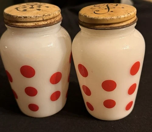 Milk Glass Polka Dot Salt & Pepper Shakers Set White Red Round Vintage