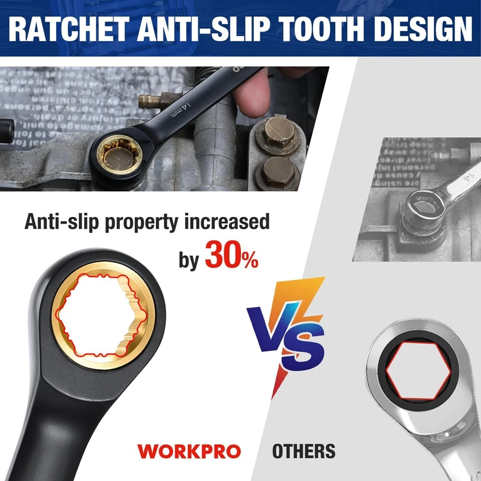 Juego de llaves de trinquete WORKPRO 22 piezas 72 dientes antideslizantes con caja organizadora EE. UU. Foto 3 de 4