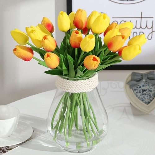 10X hochwertige künstliche Blumen 33cm Tulpen CREME Milchweiss/Mandarinengelb DE - Bild 4 von 20