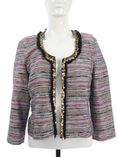 River Island Blazer Suit Jacket Tweed Wool Blend Gold Sequins Open Front Uk 10