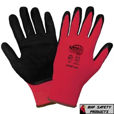 12 PAIR WORK GLOVES NITRILE COATED RED NYLON GLOBAL 500MF TSUNAMI GRIP (SM-XL)