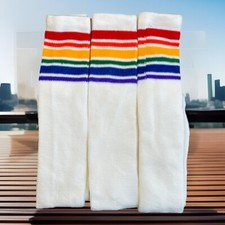 3 Pack NOS Tube Socks Rainbow Striped Unisex Acrylic Blend 9-11 24" Pride Sport.