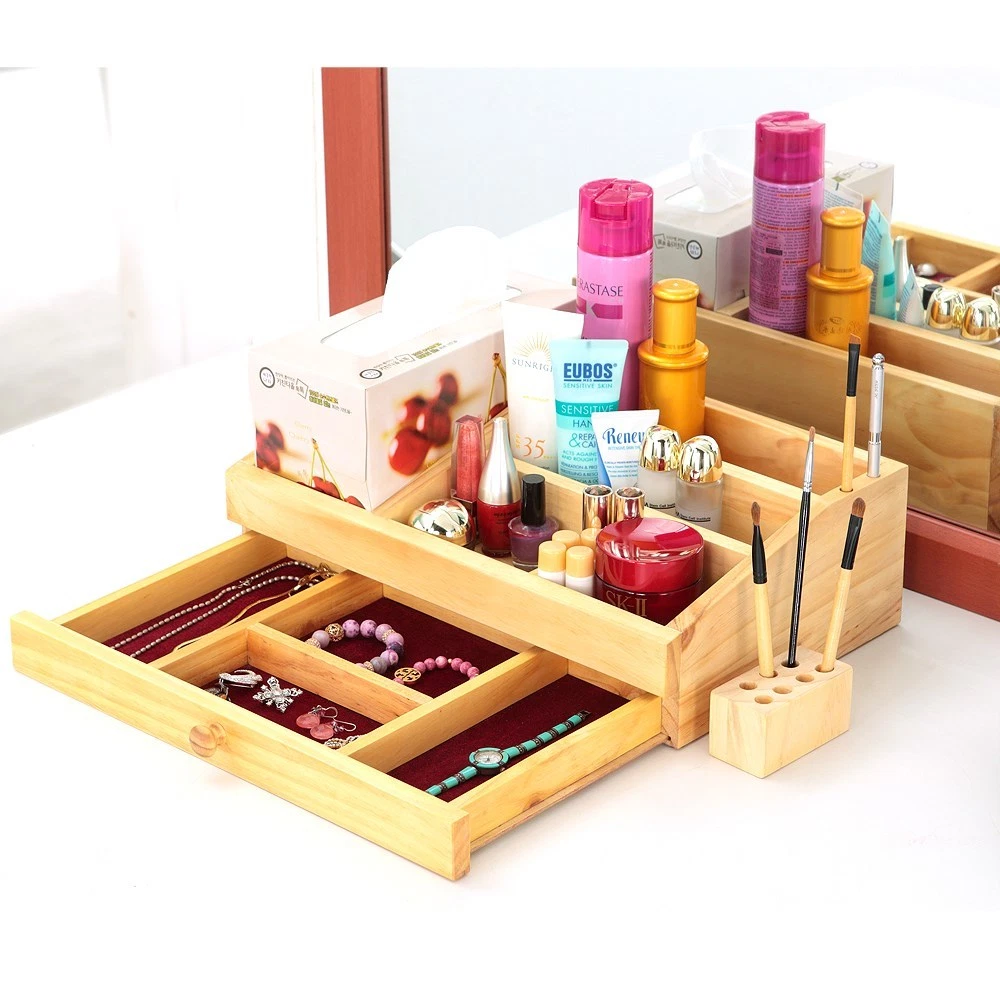 [Made In Korea]Pine solid wood Drawer Tissue type Cosmetic Organizer Box Makeup