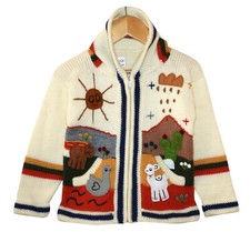 Peru Kinder Strickjacke weiß Gr. 98*104, Kapuze Bauernhof Zoo Blume Tiere Alpaka