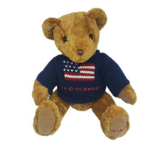 FAO SCHWARZ BROWN TEDDY BEAR W/ FLAG SWEATER JOINTED STUFFED ANIMAL PLUSH TOY