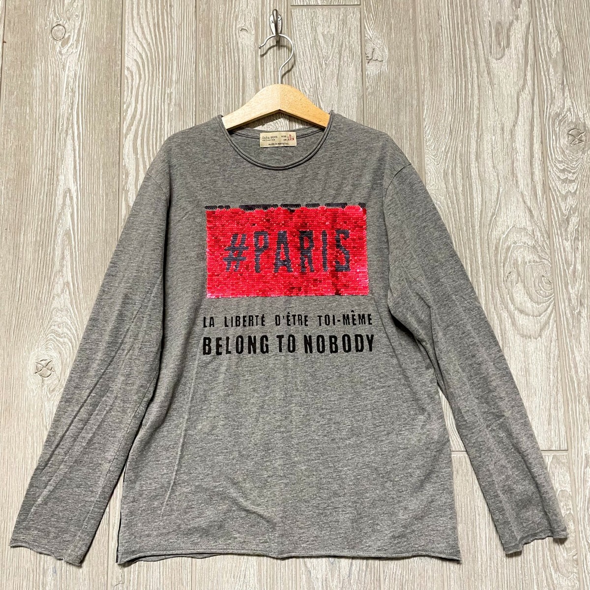ZARA KIDS Boys Grey Long Sleeve Sequin Paris Raw Edge T-Shirt Top  