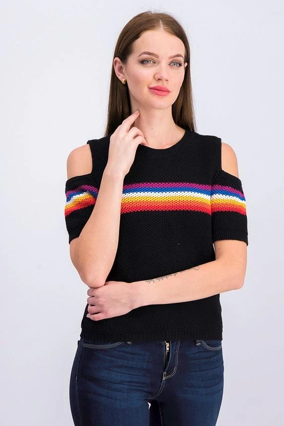 Volcom Size 12 Womens Waffle Knit Top Short Sleeve Shoulder CutOut Sweater Black - Image 2 of 4