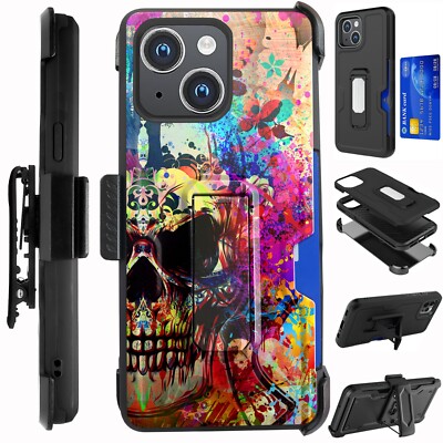 Card Holster For iPhone 15/Pro/Plus/Pro Max Phone Case Evil Half Skull