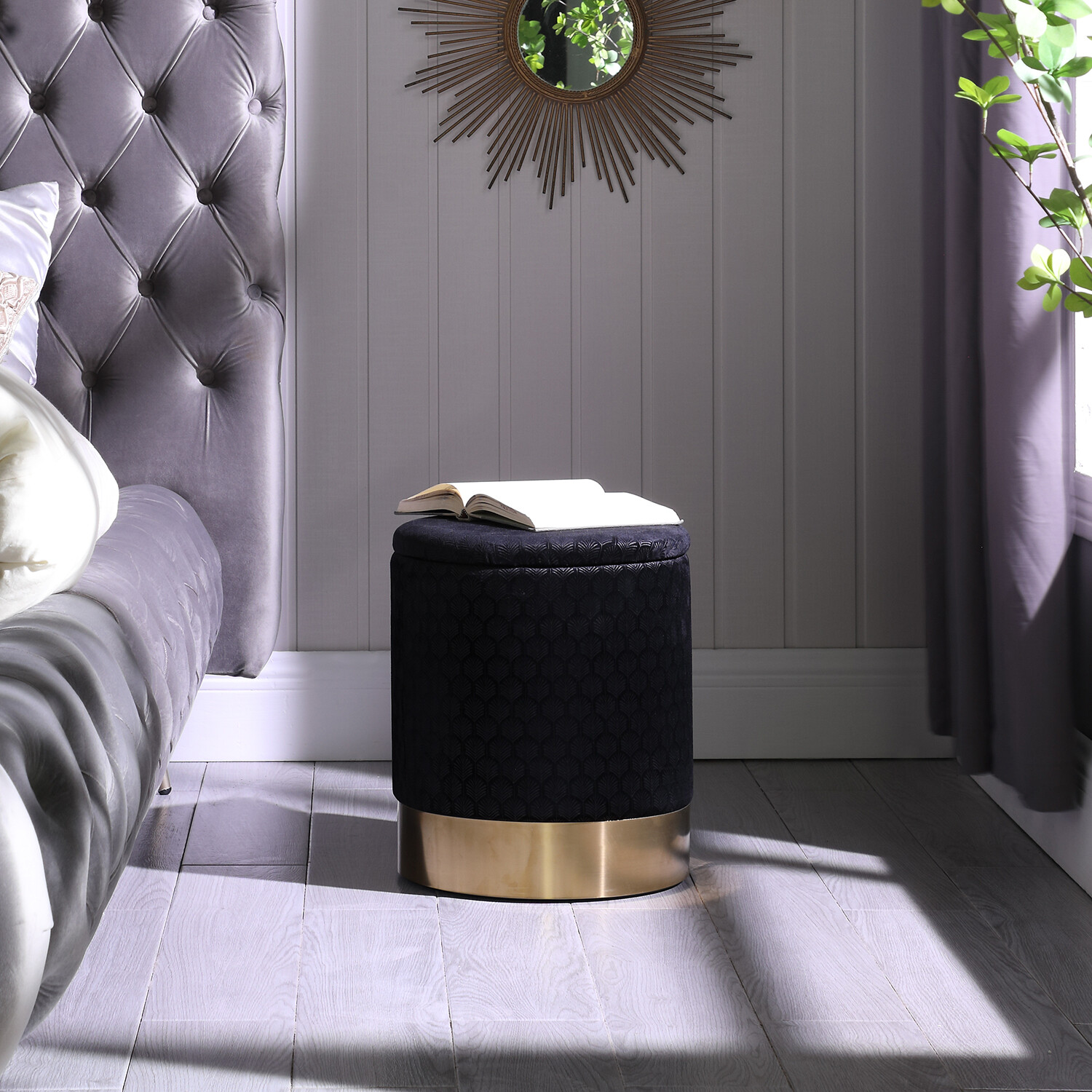 Black Round Footstool Ottomans with Storage Pouffe Velvet Dressing