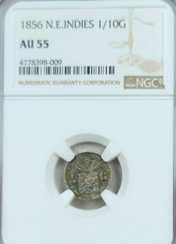 1856 NETHERLANDS EAST INDIES SILVER 1/10 GULDEN NGC AU 55 HIGH GRADE NICE TONING
