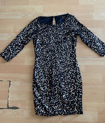 FOREVER 21 black Silver Sequin Dress Size S Women 3/4 Sleeves Fitted V21