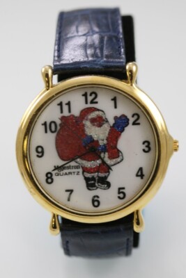 Majestron Uhr Unisex SANTA Gold Edelstahl Blau Leder Mehrfarbig Quarz
