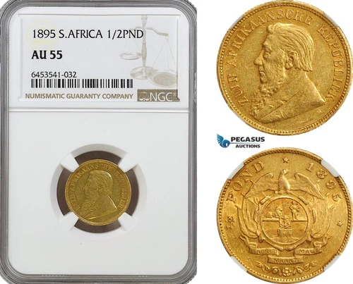 A6/464, South Africa (ZAR) 1/2 Pond 1895, Pretoria Mint, Gold, KM# 9.2, NGC AU55