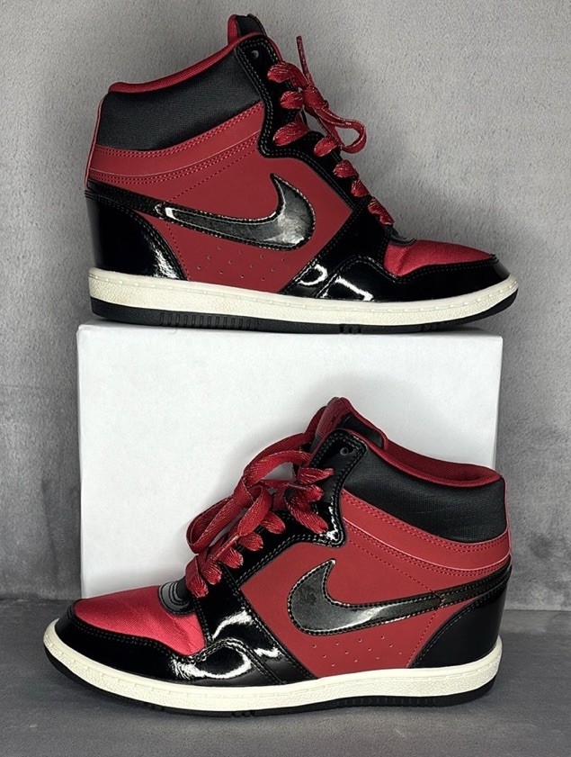 Nike Force Dunk Sky Hi High Hidden Wedge Heel Black Red Bred Women's Size 