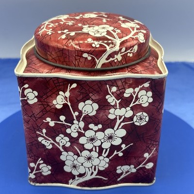 Vintage Daher England Red Floral Tin Tea Caddy Cherry Blossom Container