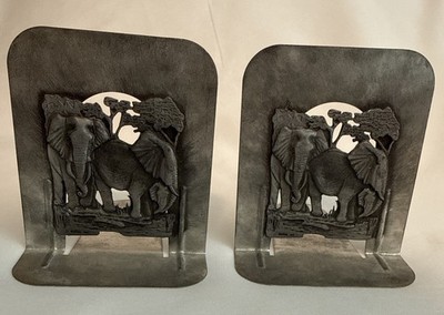 Vintage-Elephant Bookends Africa Safari Pewter Metal 3D-Metzke 1974-Lot of 2