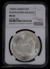 1950 5P Mexico Silver 5 Peso NGC MS 65 | Southeastern Railroad | Ferrocarril