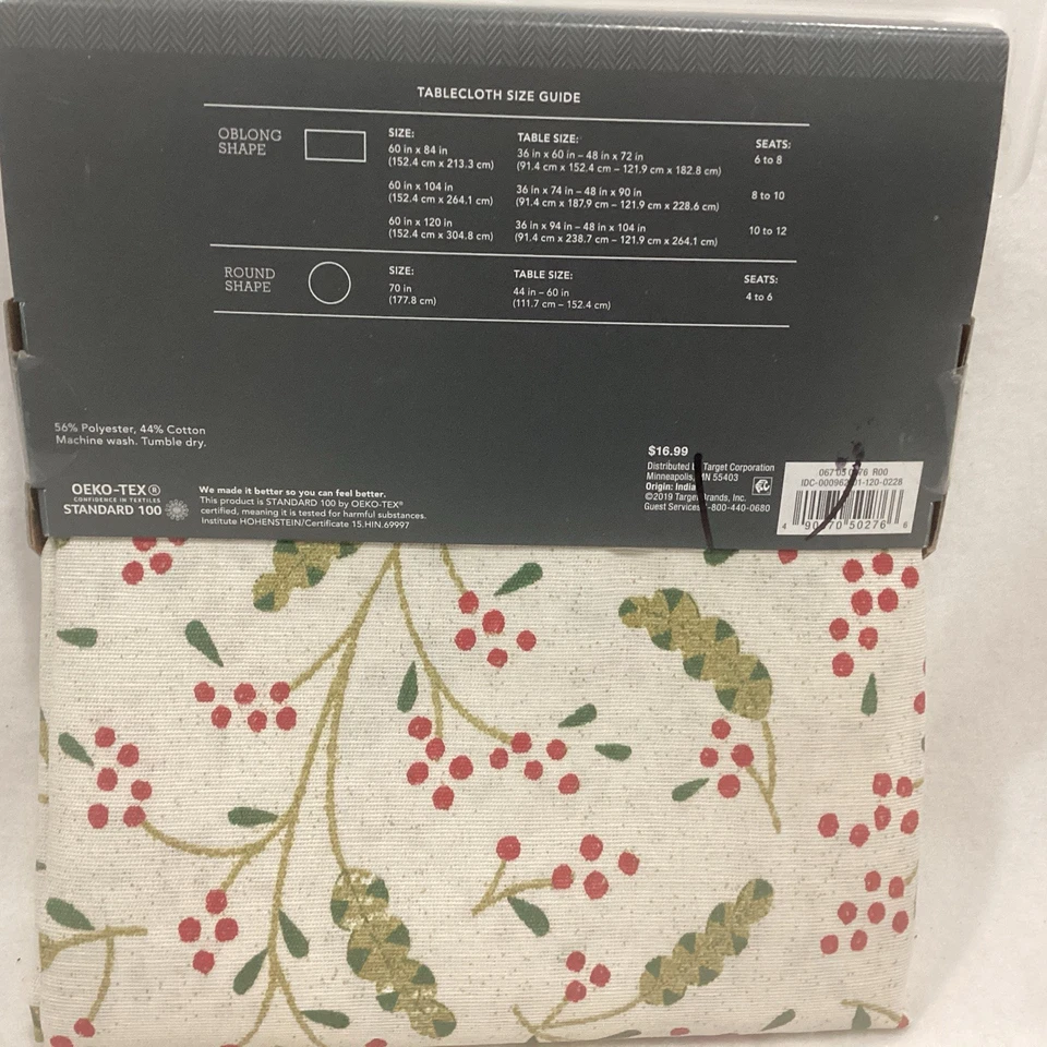Threshold Oblong Tablecloth 60x104” Beige Red Holly Berries Christmas NEW - Image 3 of 4