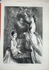 Original Old Antique Print 1871 Ancestral Portrait Man Christmas Holly Downard