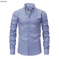 Mens Dress Shirts Formal Business Long Sleeves Elastic Striped Casual Shirts Top